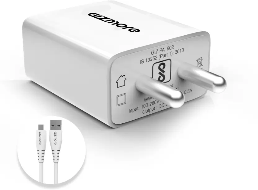 Gizmore 12 W Quick Charge 2.4 A Mobile Charger with Detachable Cable  (White, Cable Included)